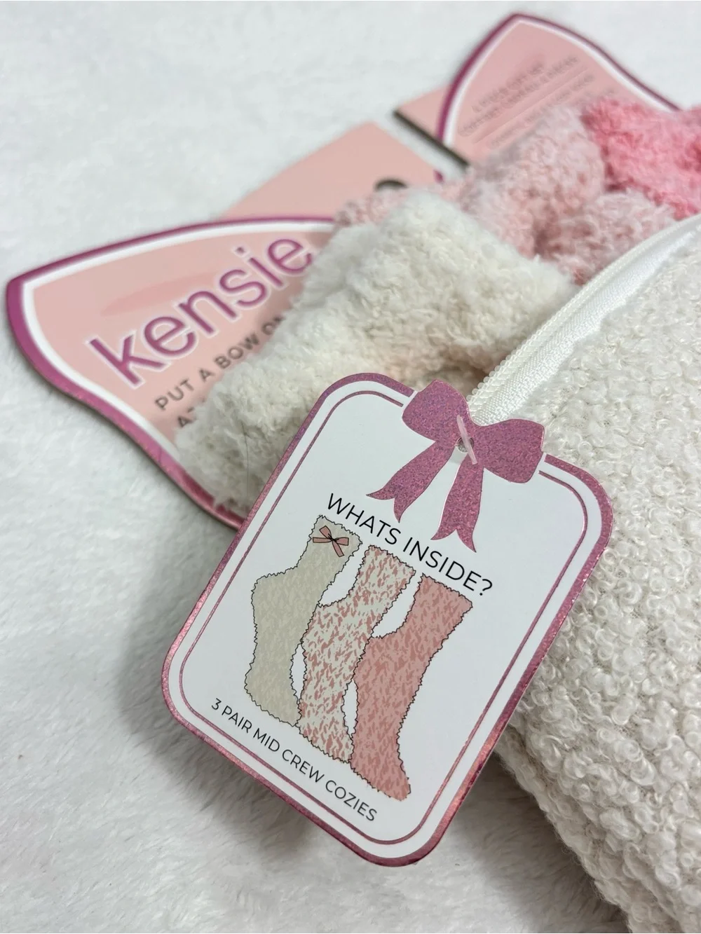 kensie Cream Cosmetic Pouch with Pink Bow & Blush 3 Pair Sock Set